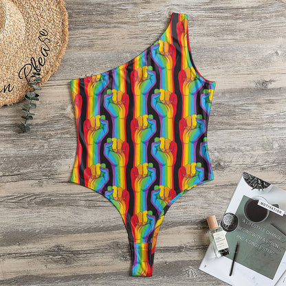Gay Pride Hand Sign Pattern Print One Shoulder Bodysuit