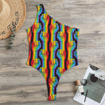 Gay Pride Hand Sign Pattern Print One Shoulder Bodysuit