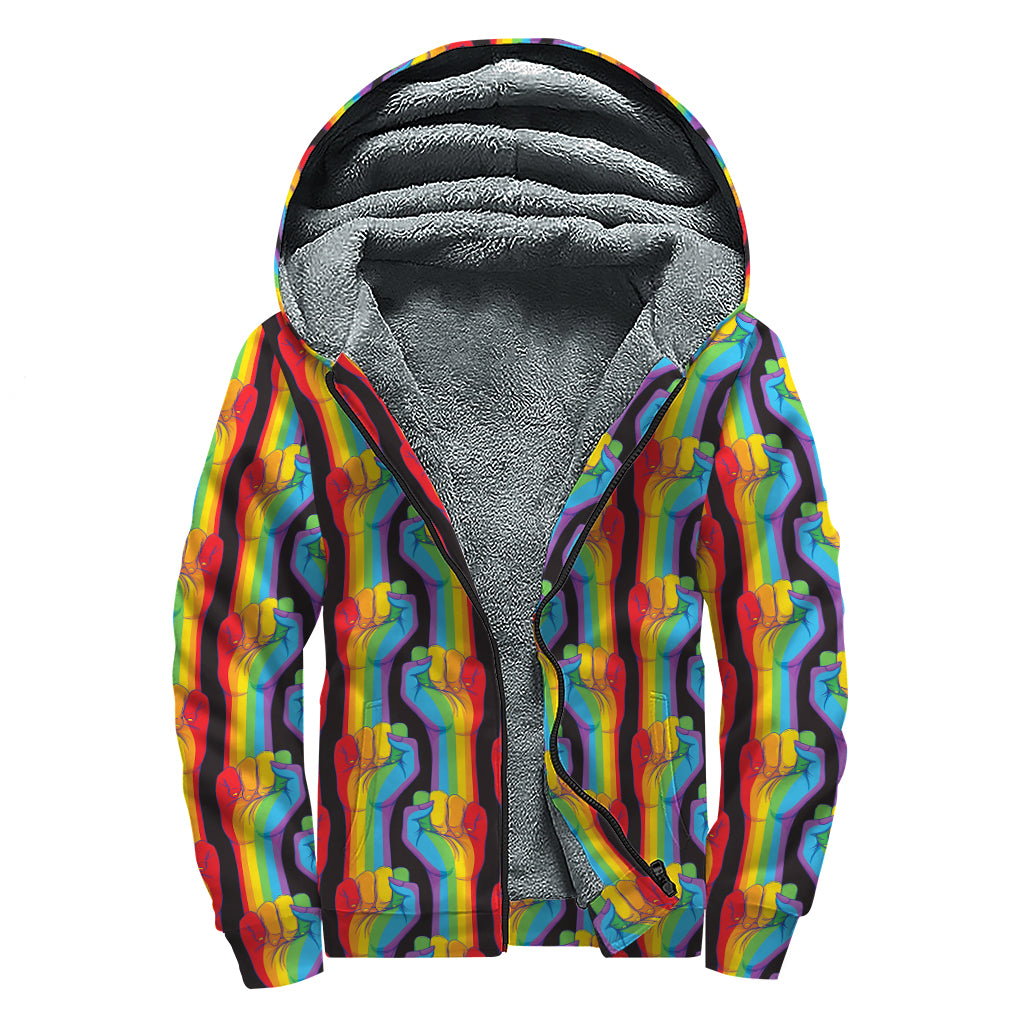 Gay Pride Hand Sign Pattern Print Sherpa Lined Zip Up Hoodie