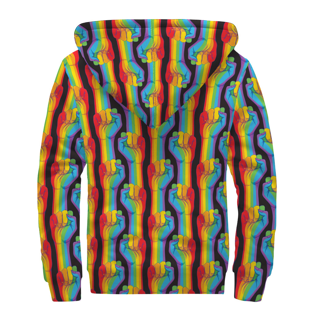 Gay Pride Hand Sign Pattern Print Sherpa Lined Zip Up Hoodie