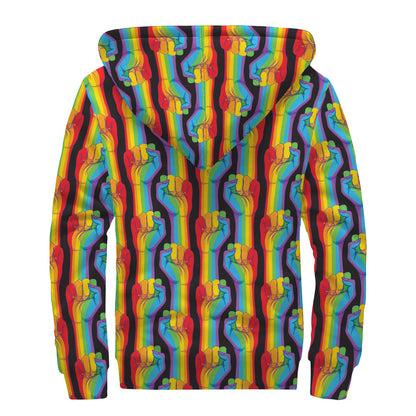 Gay Pride Hand Sign Pattern Print Sherpa Lined Zip Up Hoodie