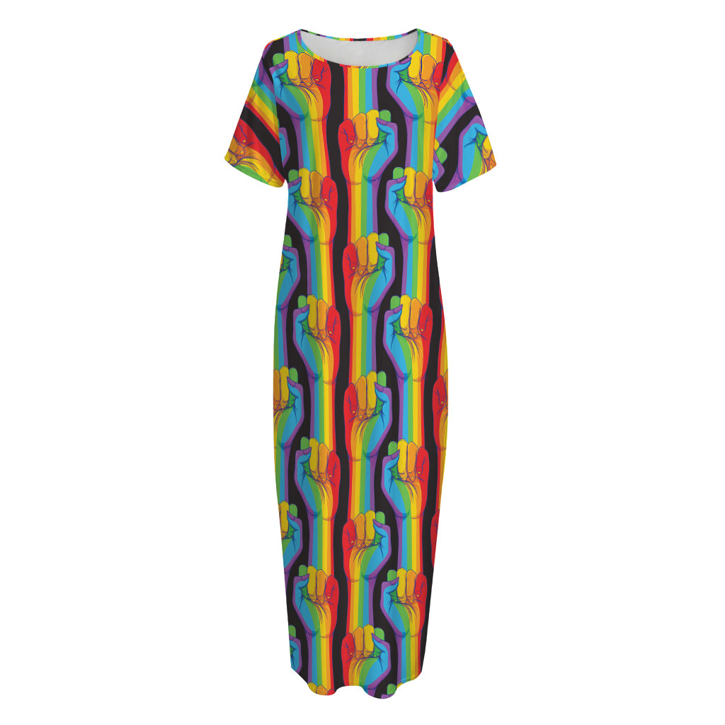 Gay Pride Hand Sign Pattern Print Short Sleeve Long Nightdress