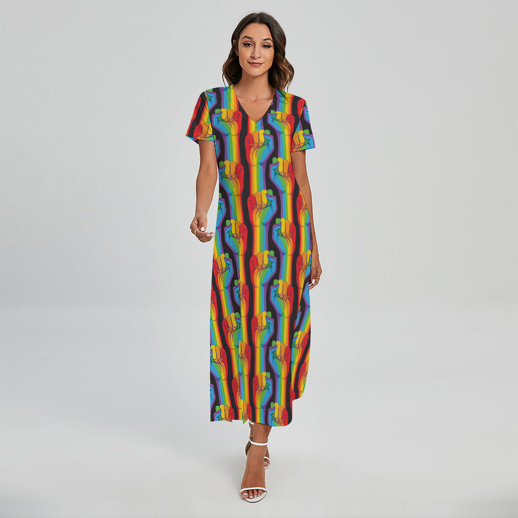 Gay Pride Hand Sign Pattern Print Short Sleeve Maxi Dress