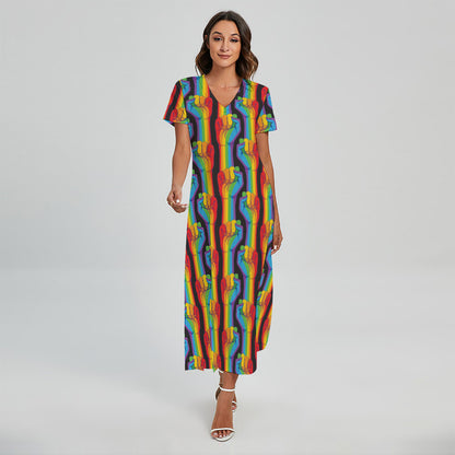 Gay Pride Hand Sign Pattern Print Short Sleeve Maxi Dress