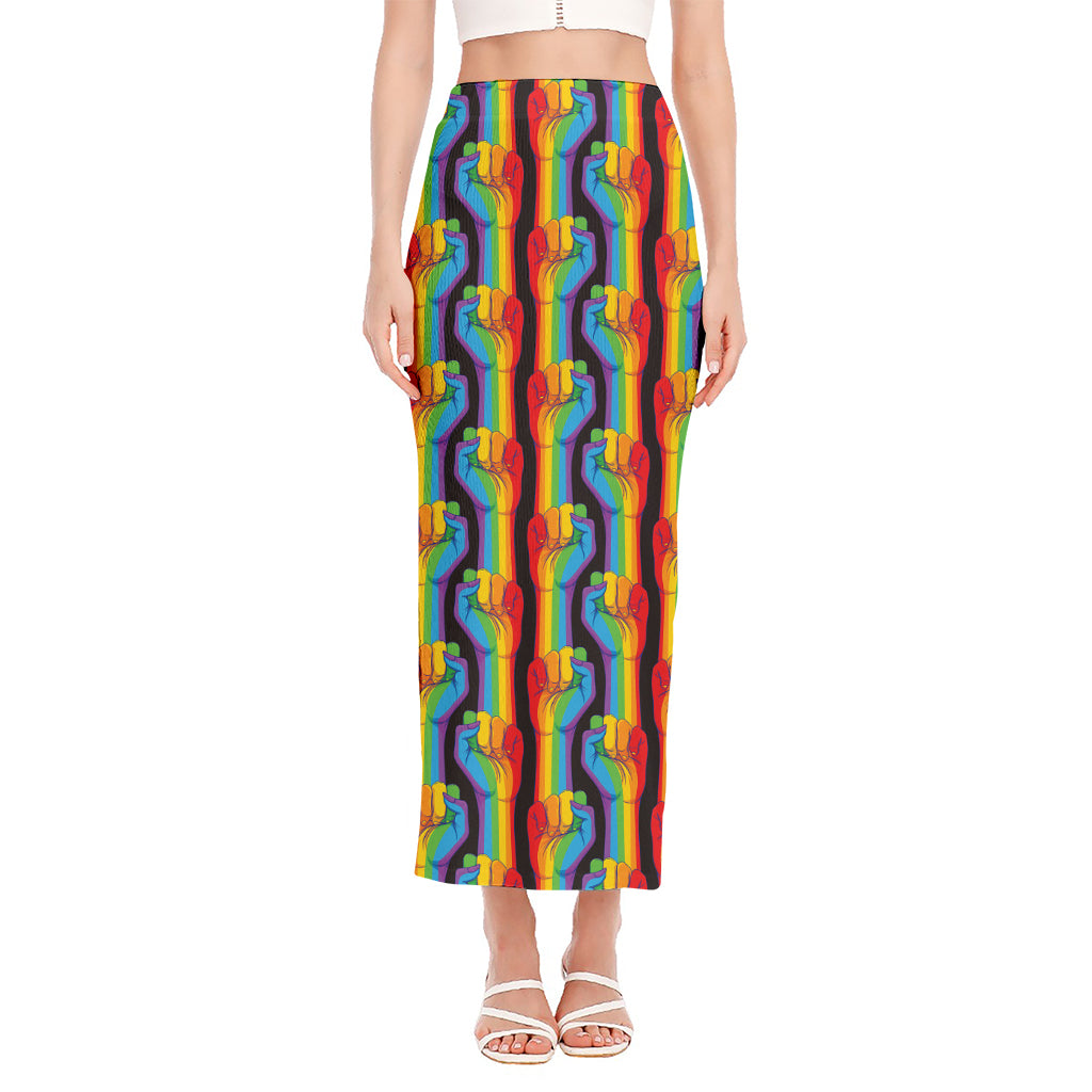 Gay Pride Hand Sign Pattern Print Side Slit Maxi Skirt