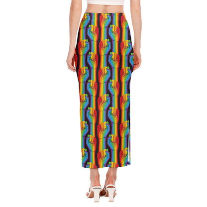 Gay Pride Hand Sign Pattern Print Side Slit Maxi Skirt