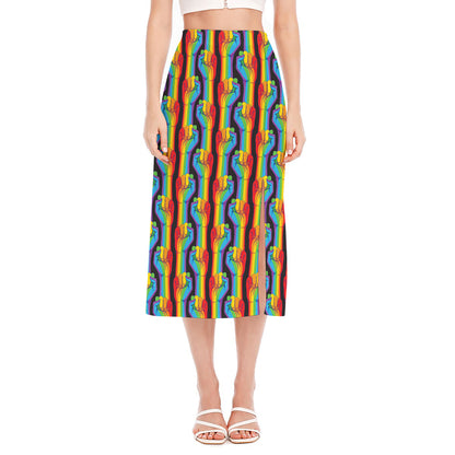 Gay Pride Hand Sign Pattern Print Side Slit Midi Skirt