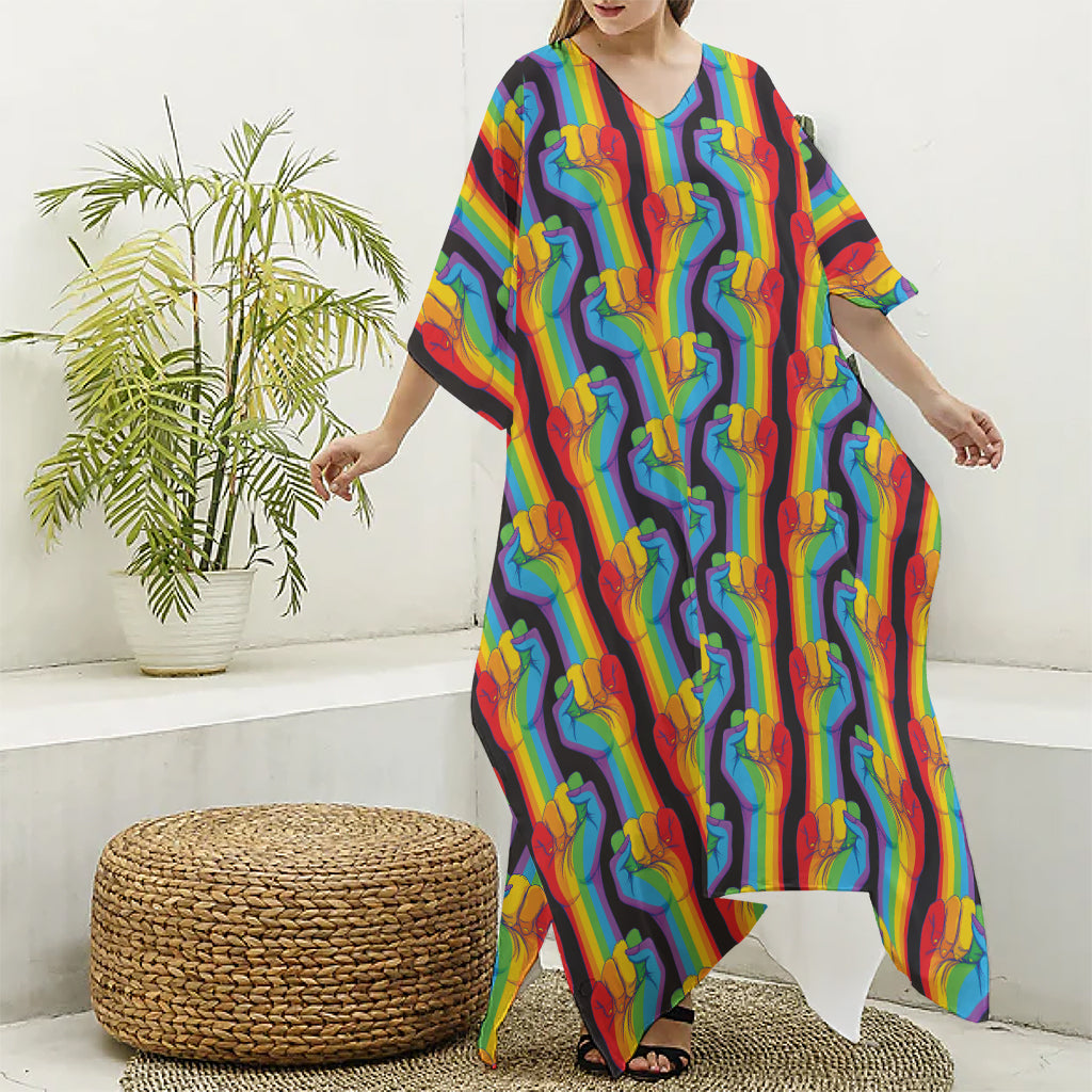 Gay Pride Hand Sign Pattern Print Silk V-Neck Kaftan Dress