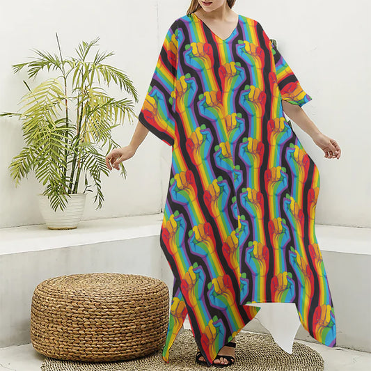 Gay Pride Hand Sign Pattern Print Silk V-Neck Kaftan Dress