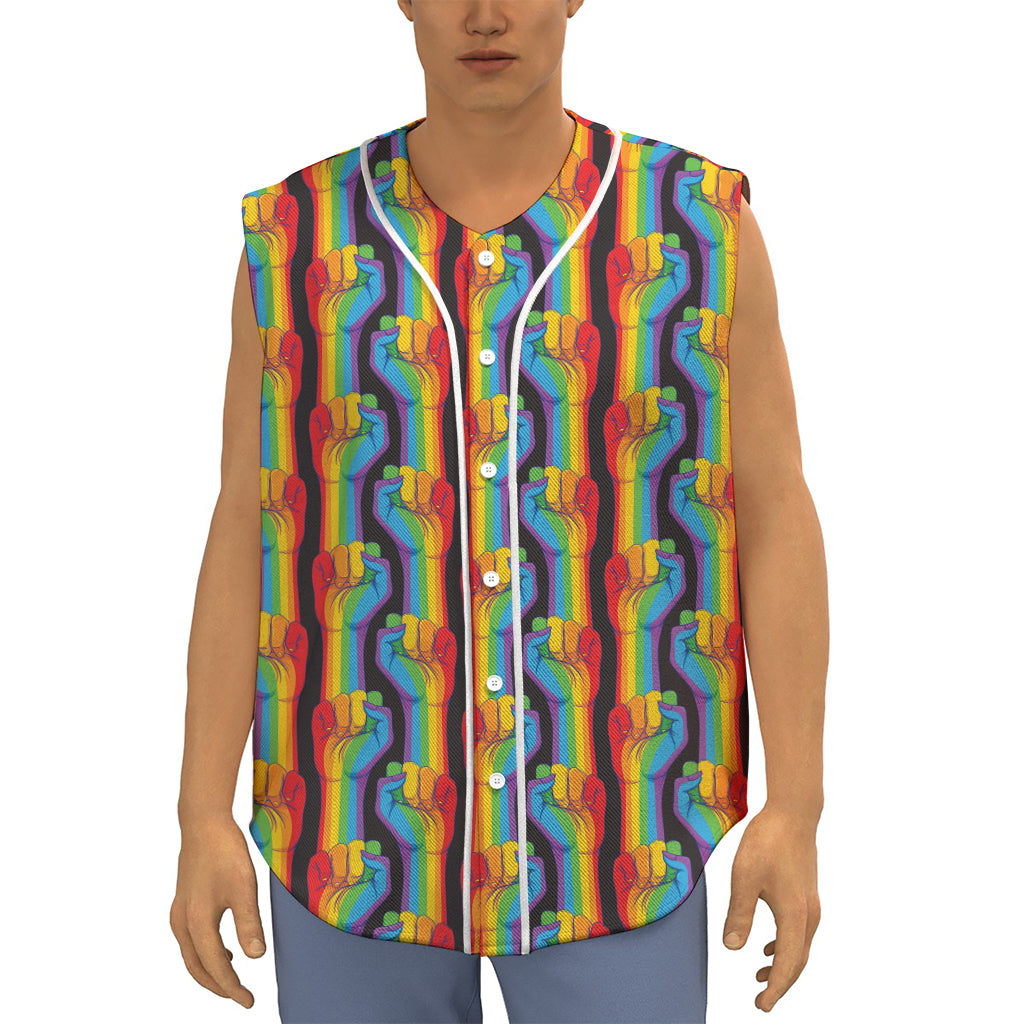 Gay Pride Hand Sign Pattern Print Sleeveless Baseball Jersey