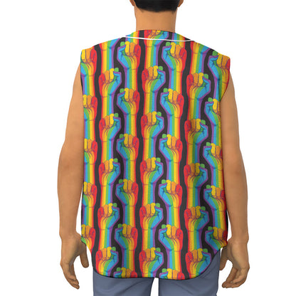 Gay Pride Hand Sign Pattern Print Sleeveless Baseball Jersey