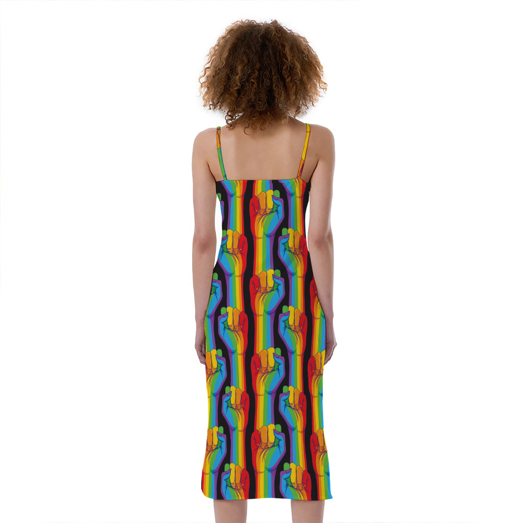 Gay Pride Hand Sign Pattern Print Slim Fit Midi Cami Dress