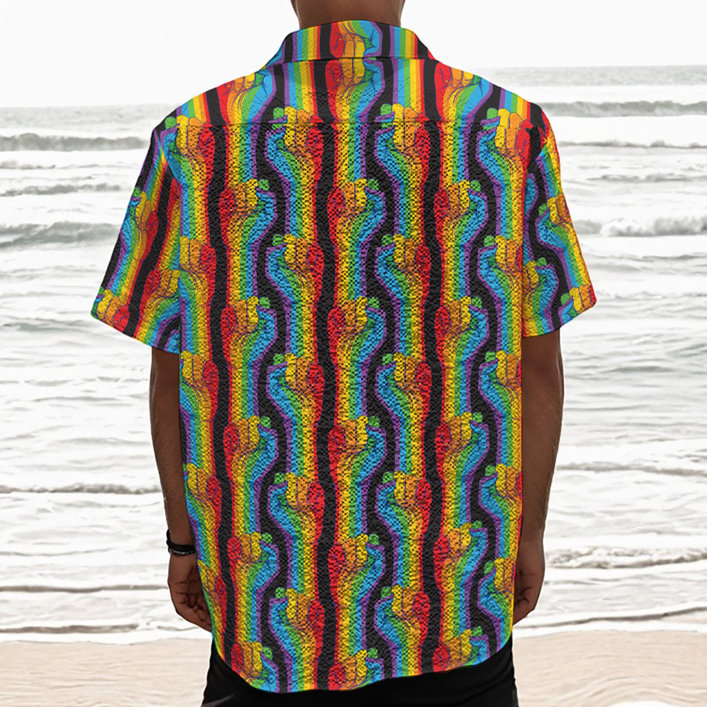 Gay Pride Hand Sign Pattern Print Textured Short Sleeve Shirt