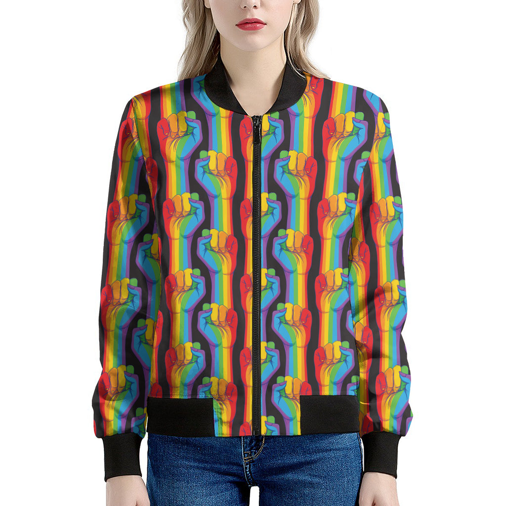 Gay Pride Hand Sign Pattern Print Women's Bomber Jacket