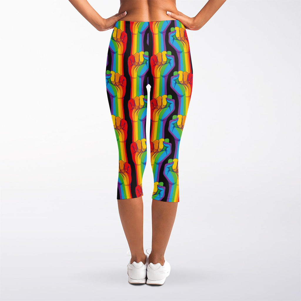 Gay Pride Hand Sign Pattern Print Women's Capri Leggings