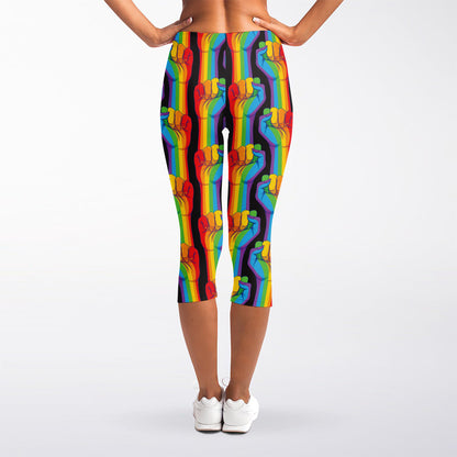Gay Pride Hand Sign Pattern Print Women's Capri Leggings