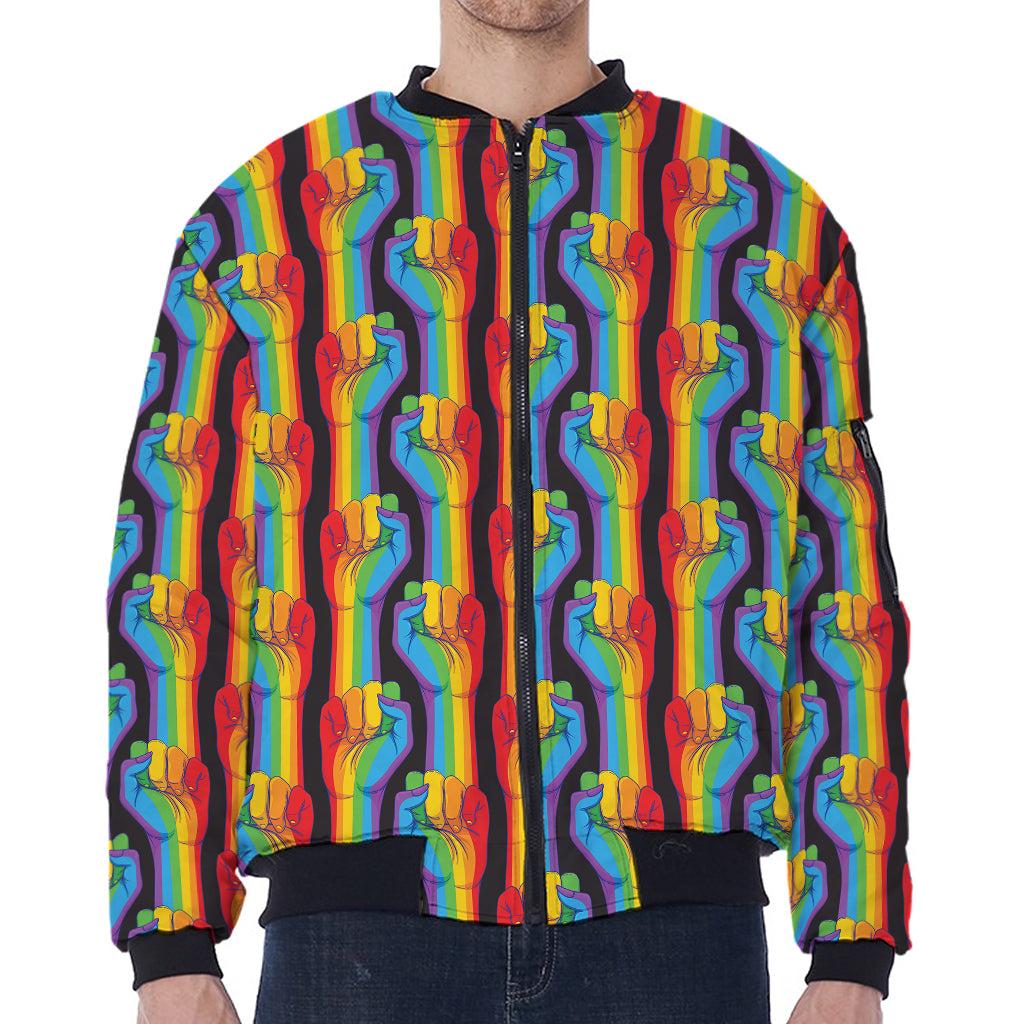 Gay Pride Hand Sign Pattern Print Zip Sleeve Bomber Jacket
