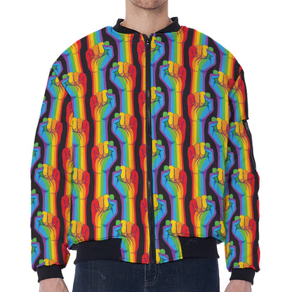 Gay Pride Hand Sign Pattern Print Zip Sleeve Bomber Jacket