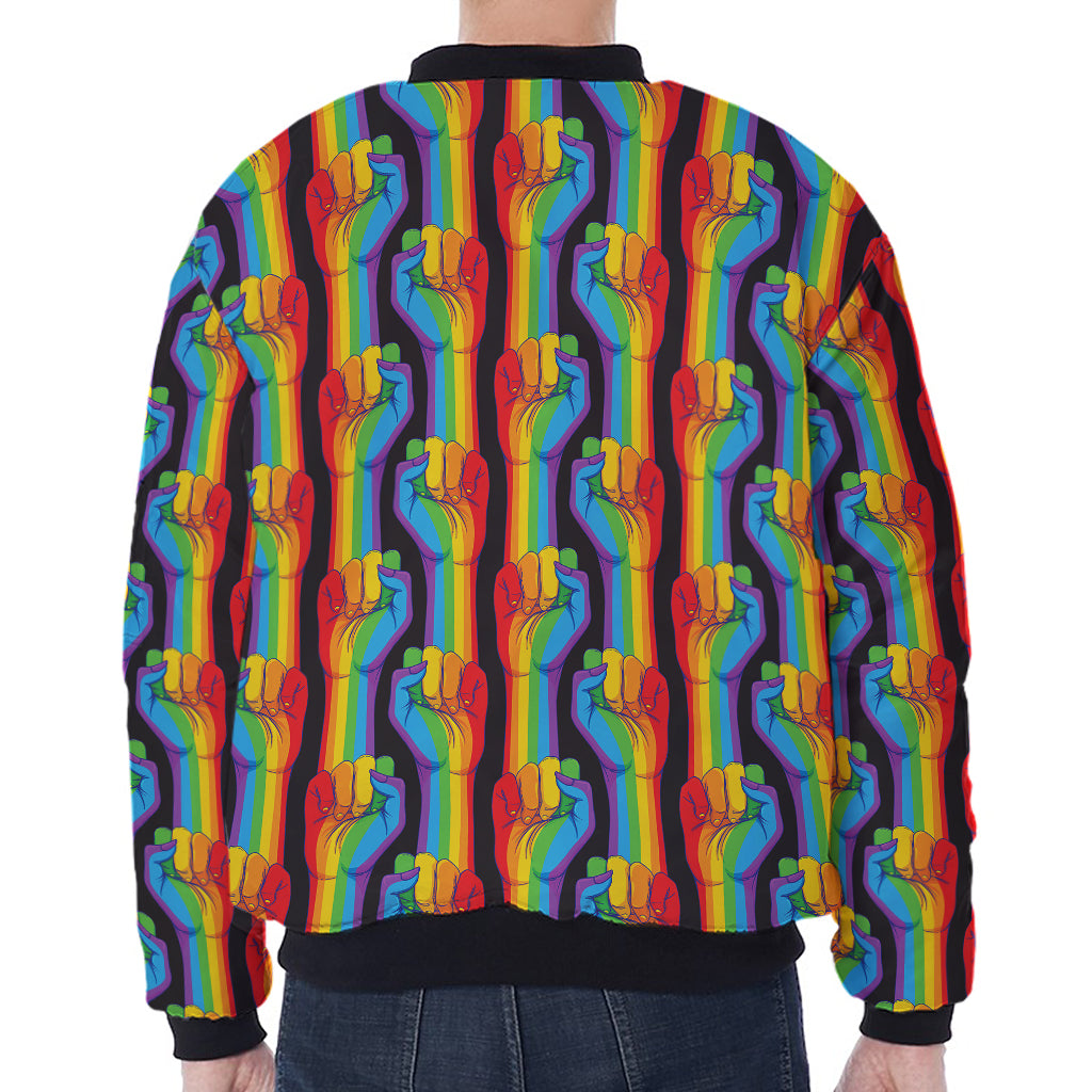 Gay Pride Hand Sign Pattern Print Zip Sleeve Bomber Jacket