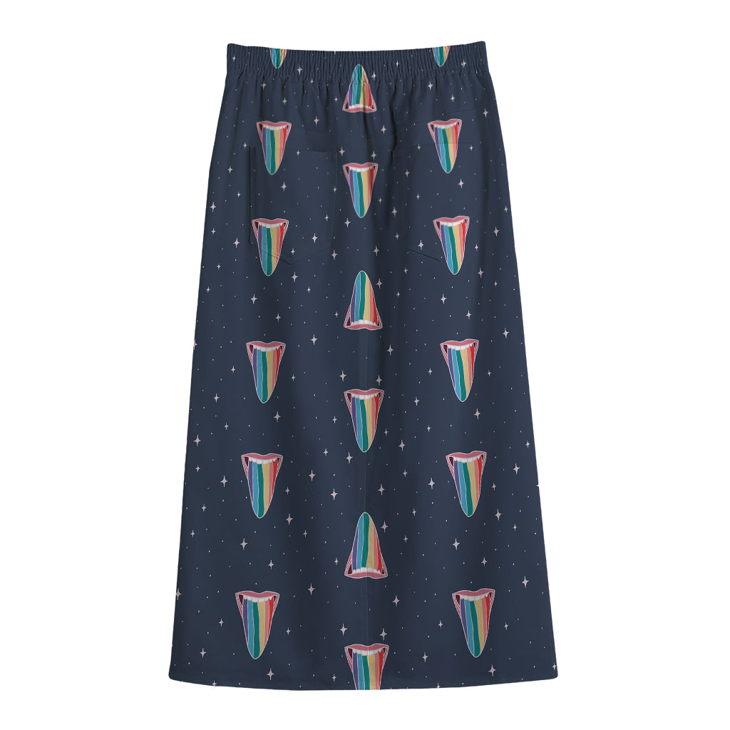 Gay Pride Tongue Pattern Print Cotton Front Slit Maxi Skirt