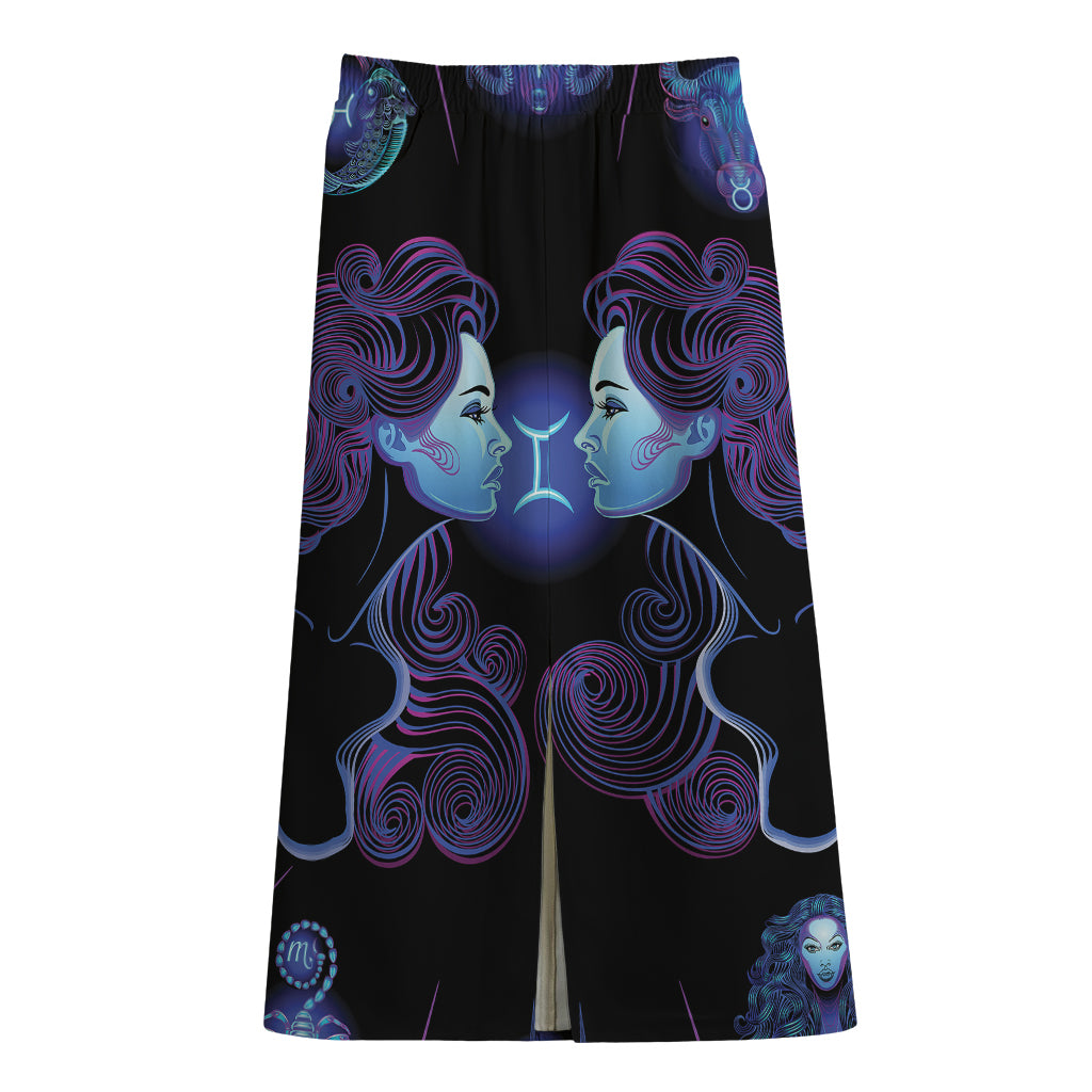 Gemini And Astrological Signs Print Cotton Front Slit Maxi Skirt