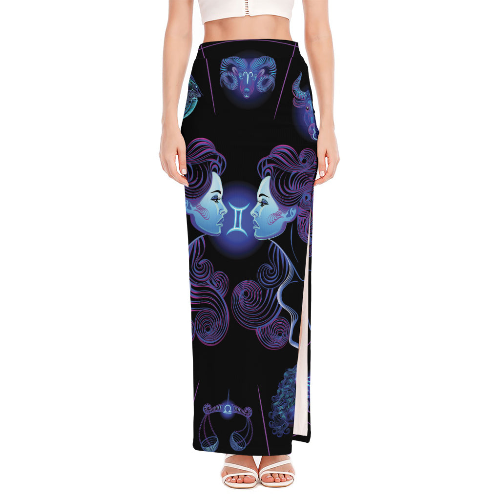 Gemini And Astrological Signs Print High Slit Maxi Skirt