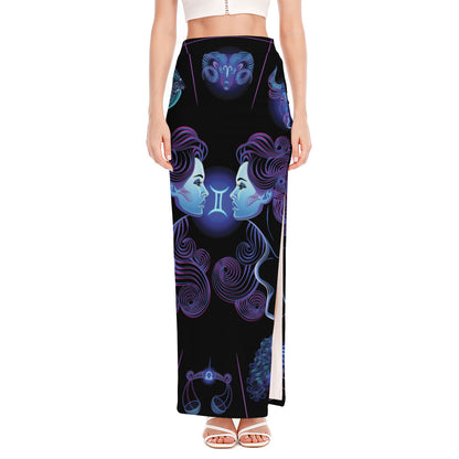 Gemini And Astrological Signs Print High Slit Maxi Skirt