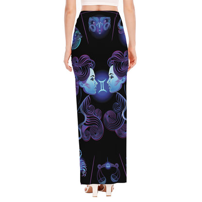 Gemini And Astrological Signs Print High Slit Maxi Skirt
