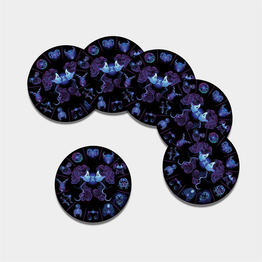 Gemini And Astrological Signs Print Leather Coaster Set