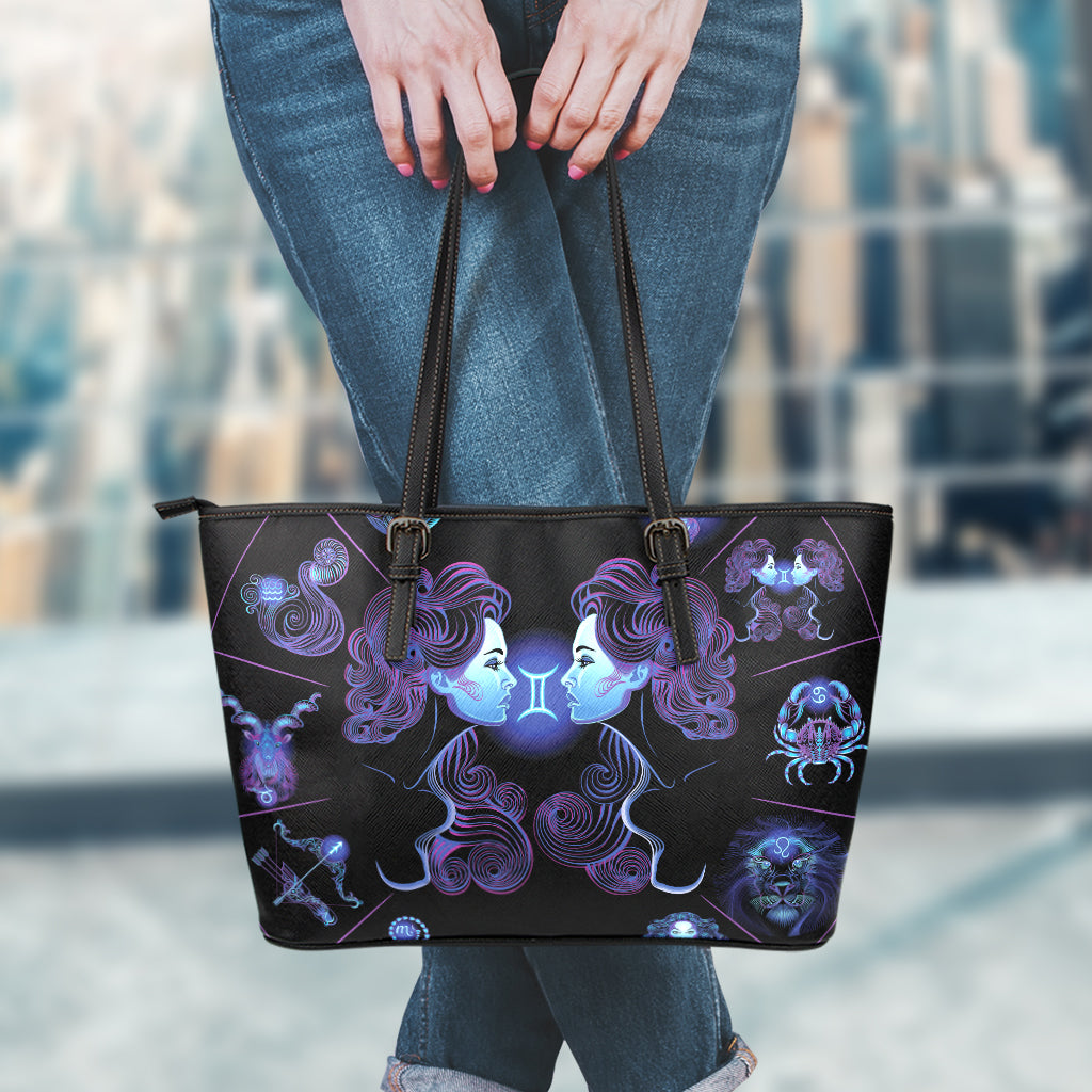 Gemini And Astrological Signs Print Leather Tote Bag