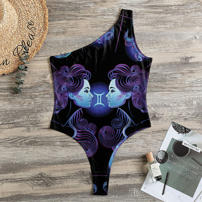 Gemini And Astrological Signs Print One Shoulder Bodysuit