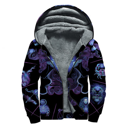 Gemini And Astrological Signs Print Sherpa Lined Zip Up Hoodie