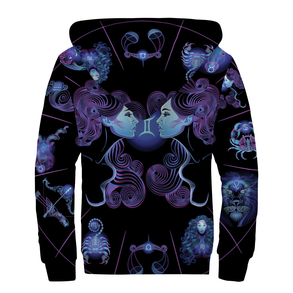 Gemini And Astrological Signs Print Sherpa Lined Zip Up Hoodie