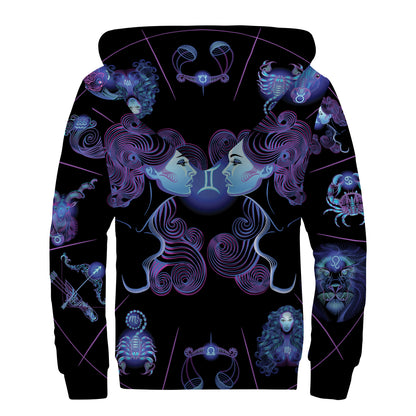 Gemini And Astrological Signs Print Sherpa Lined Zip Up Hoodie