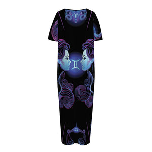 Gemini And Astrological Signs Print Short Sleeve Long Nightdress