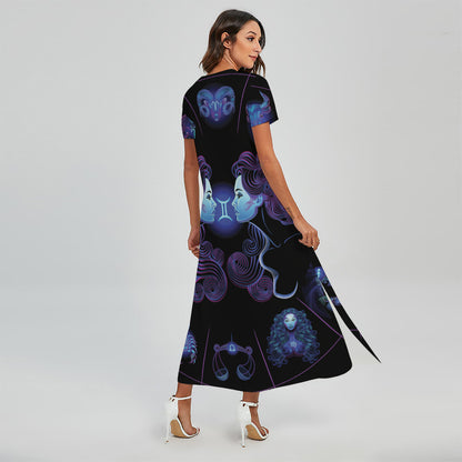 Gemini And Astrological Signs Print Short Sleeve Maxi Dress