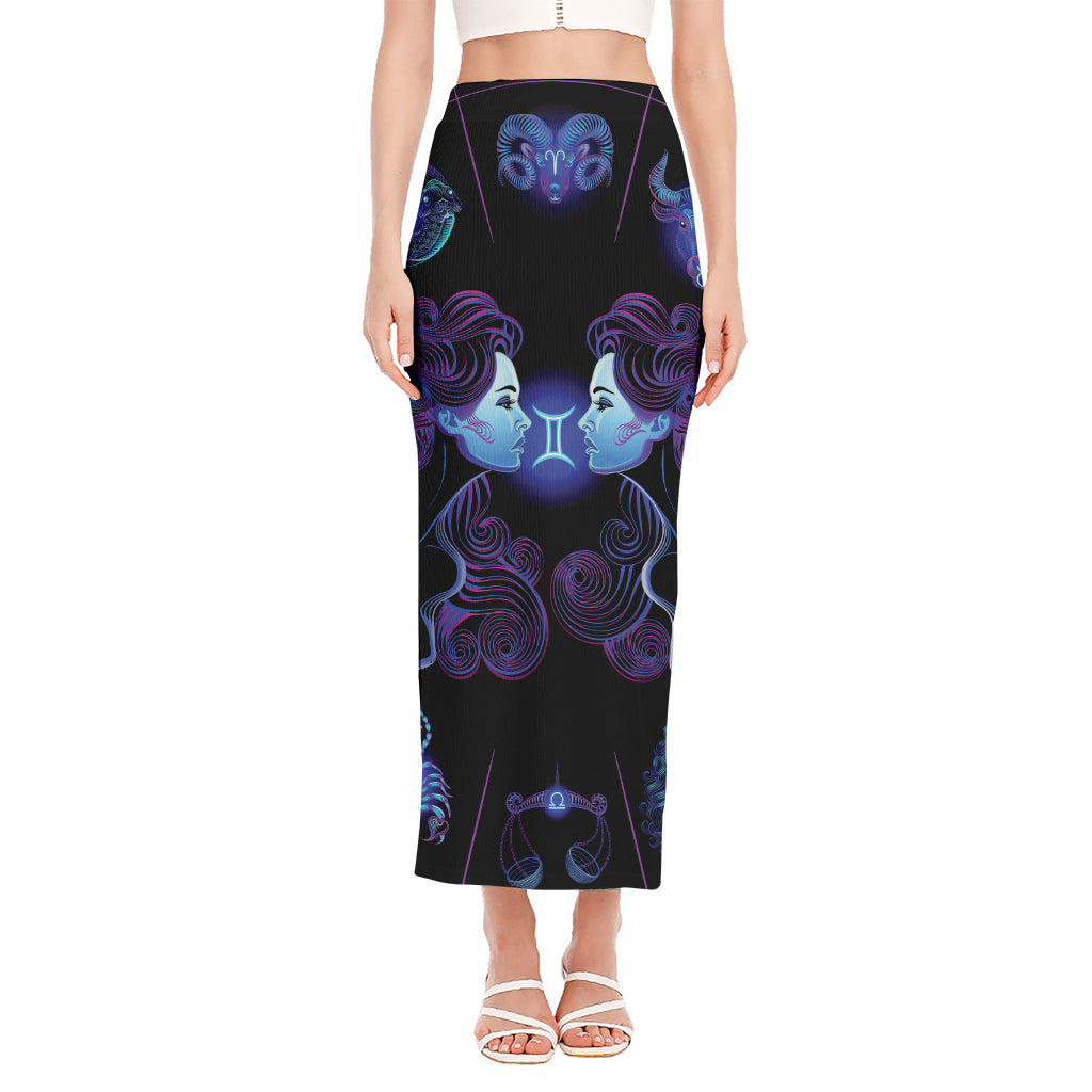 Gemini And Astrological Signs Print Side Slit Maxi Skirt