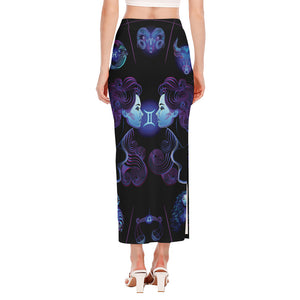 Gemini And Astrological Signs Print Side Slit Maxi Skirt