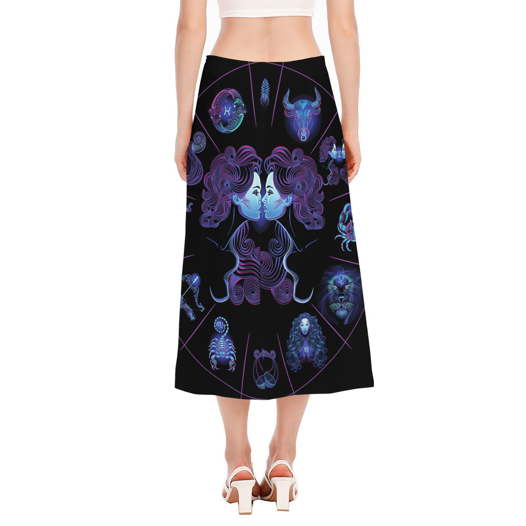 Gemini And Astrological Signs Print Side Slit Midi Skirt