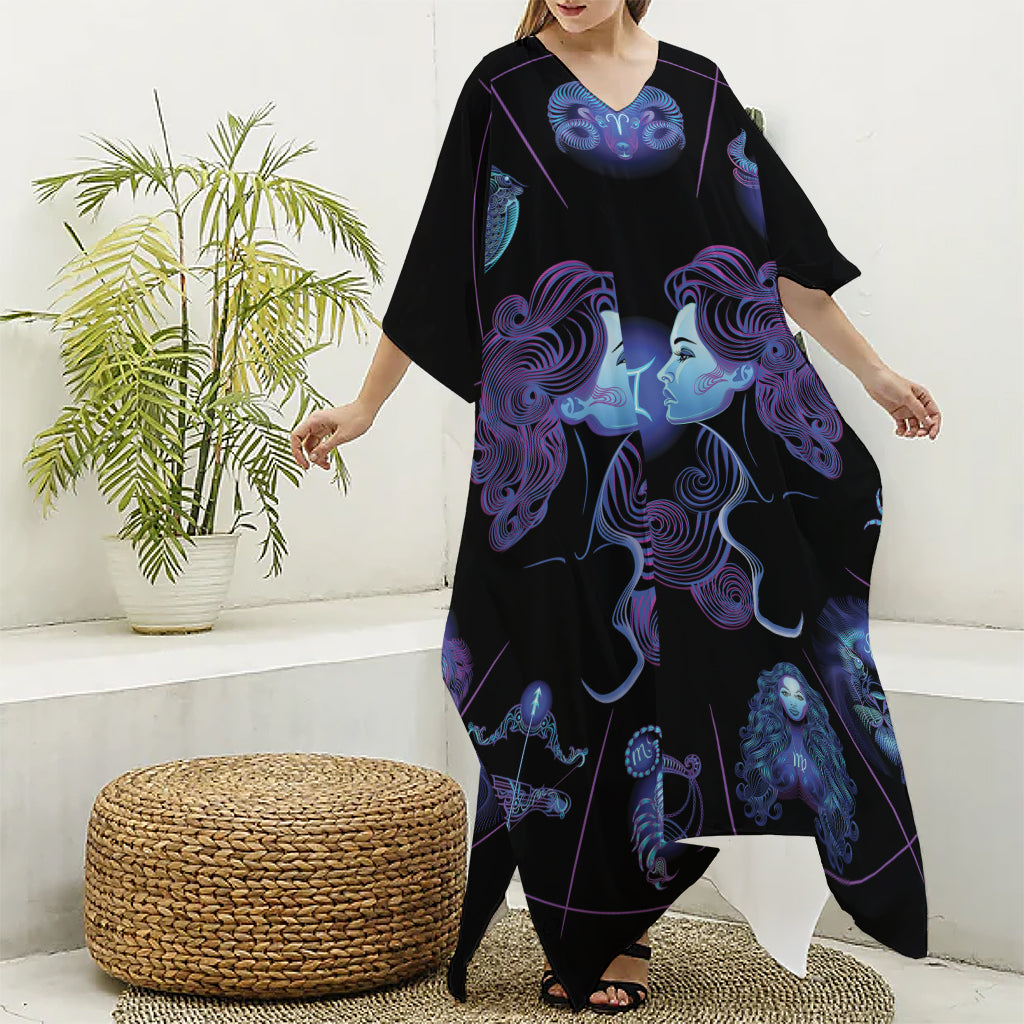 Gemini And Astrological Signs Print Silk V-Neck Kaftan Dress