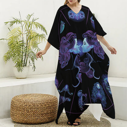 Gemini And Astrological Signs Print Silk V-Neck Kaftan Dress