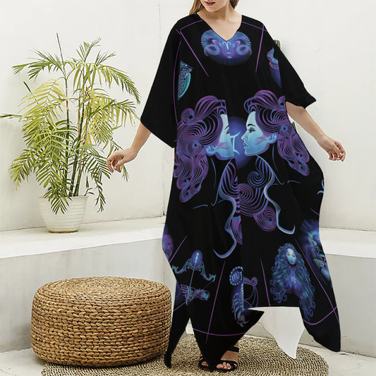 Gemini And Astrological Signs Print Silk V-Neck Kaftan Dress
