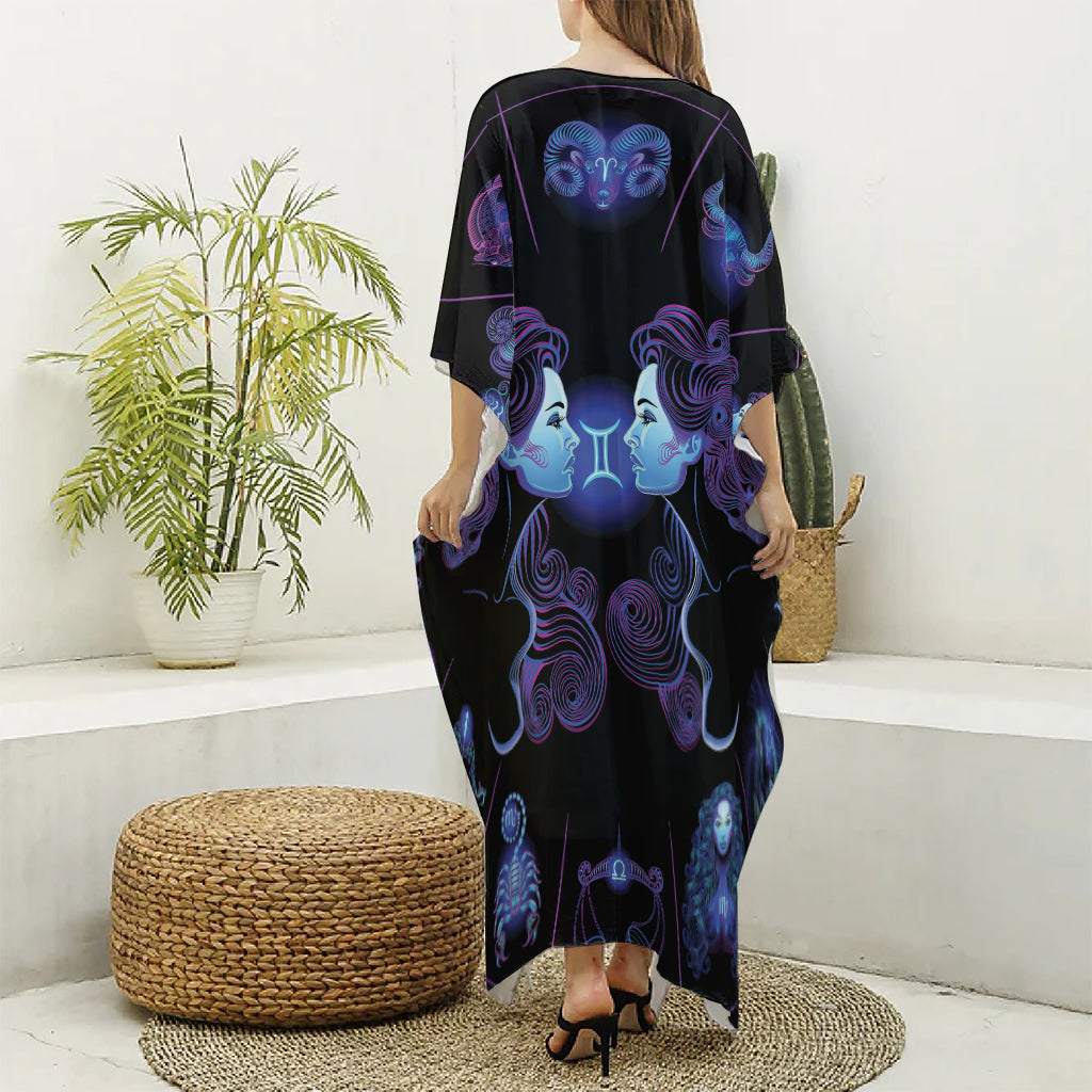 Gemini And Astrological Signs Print Silk V-Neck Kaftan Dress