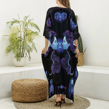 Gemini And Astrological Signs Print Silk V-Neck Kaftan Dress