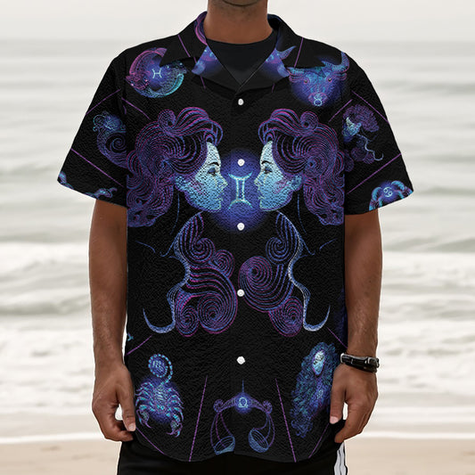 Gemini And Astrological Signs Print Textured Short Sleeve Shirt