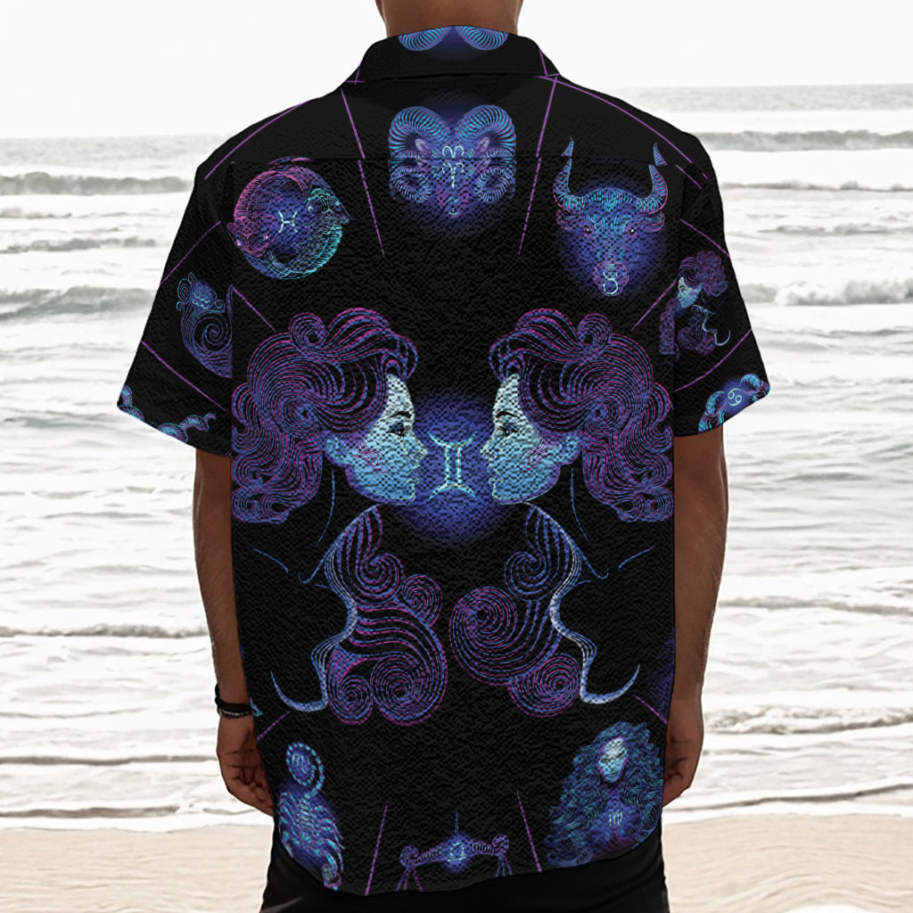 Gemini And Astrological Signs Print Textured Short Sleeve Shirt