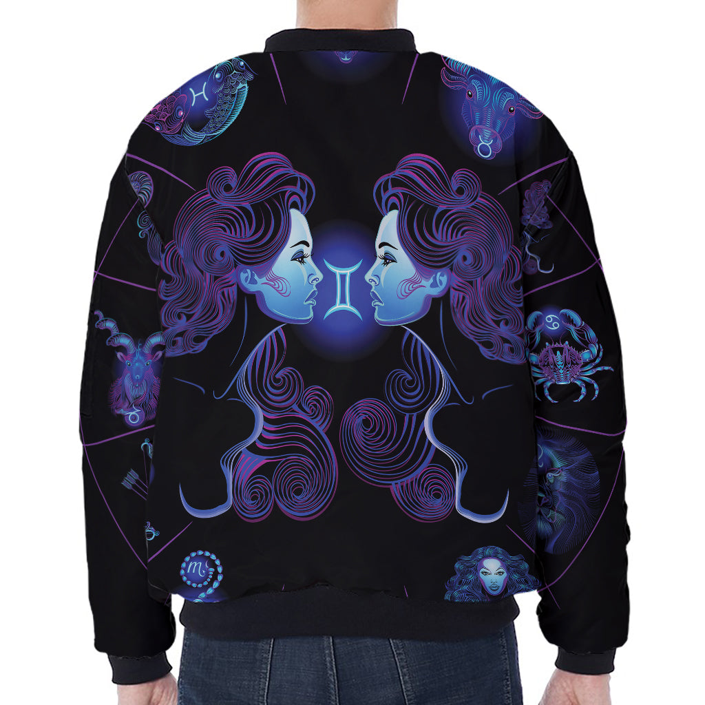 Gemini And Astrological Signs Print Zip Sleeve Bomber Jacket