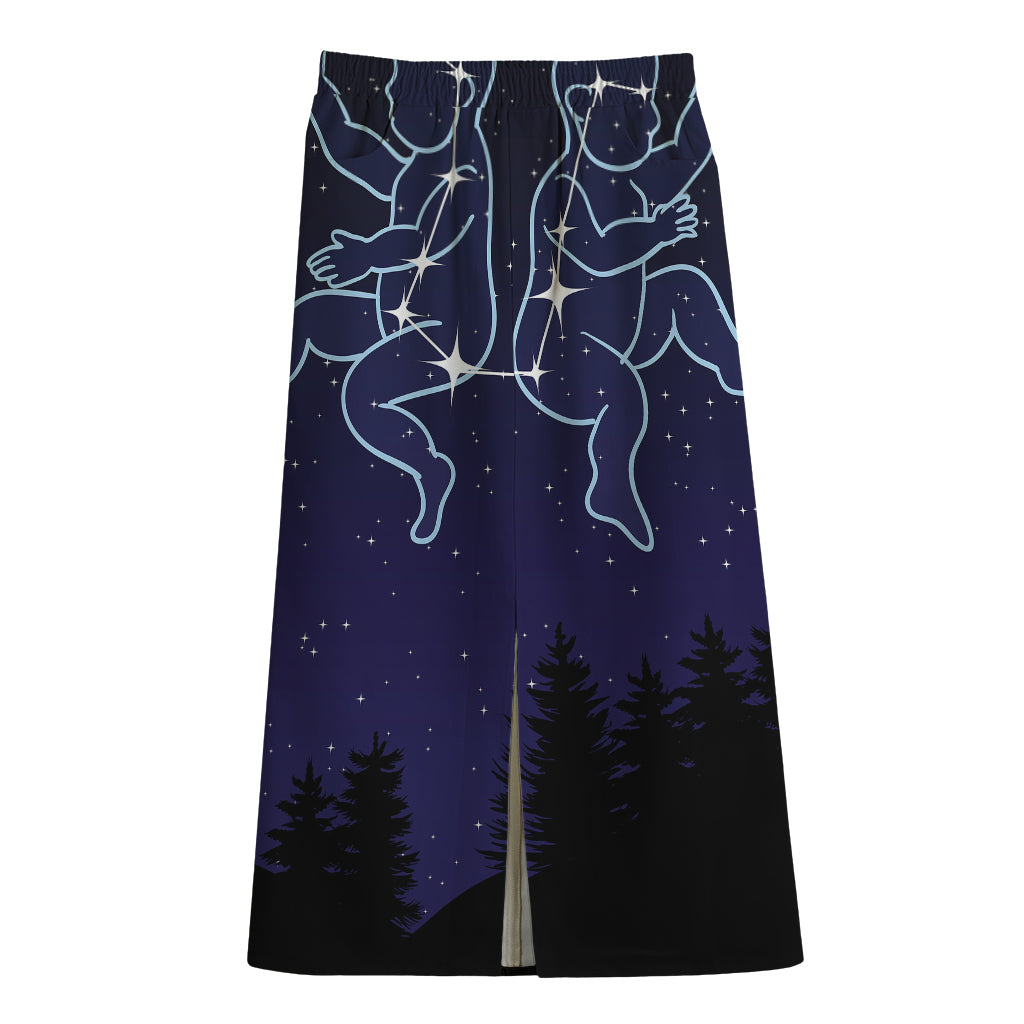 Gemini Constellation Print Cotton Front Slit Maxi Skirt