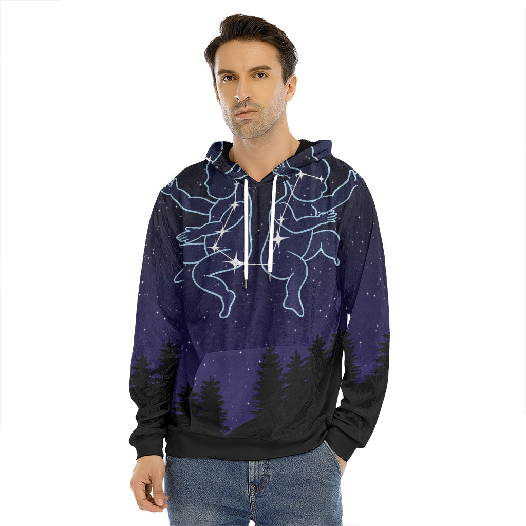 Gemini Constellation Print Men's Velvet Pullover Hoodie