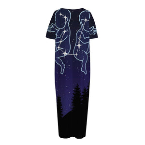 Gemini Constellation Print Short Sleeve Long Nightdress